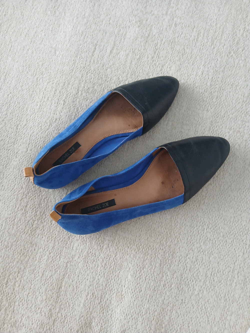 •Rachel Zoe• Blue and Black Pointed Toe Flats with Silver Chain Wrapped